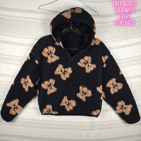 Love Black Teddy Bear Print Reversible Hooded Jacket Size M - Picture 1 of 9